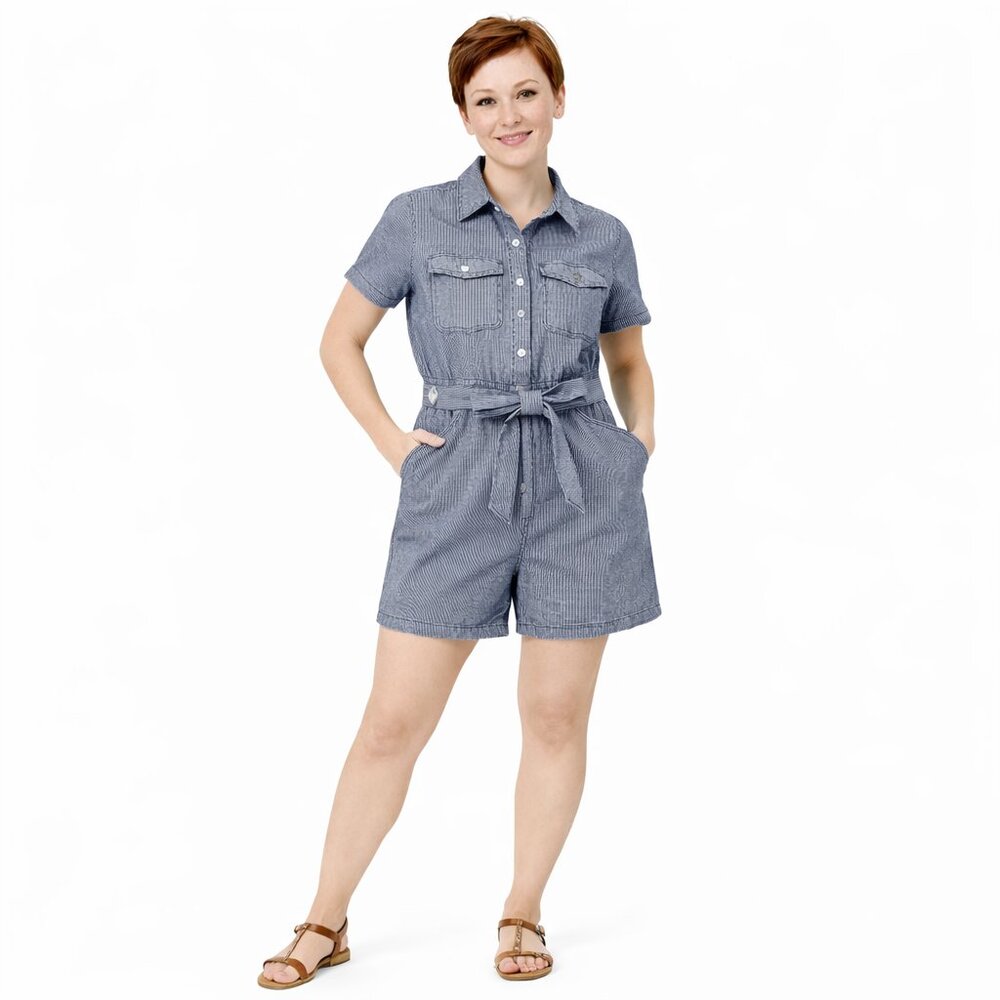Universal Thread Short Coveralls Romper Hickory Stripe Denim Jumpsuit Size 8